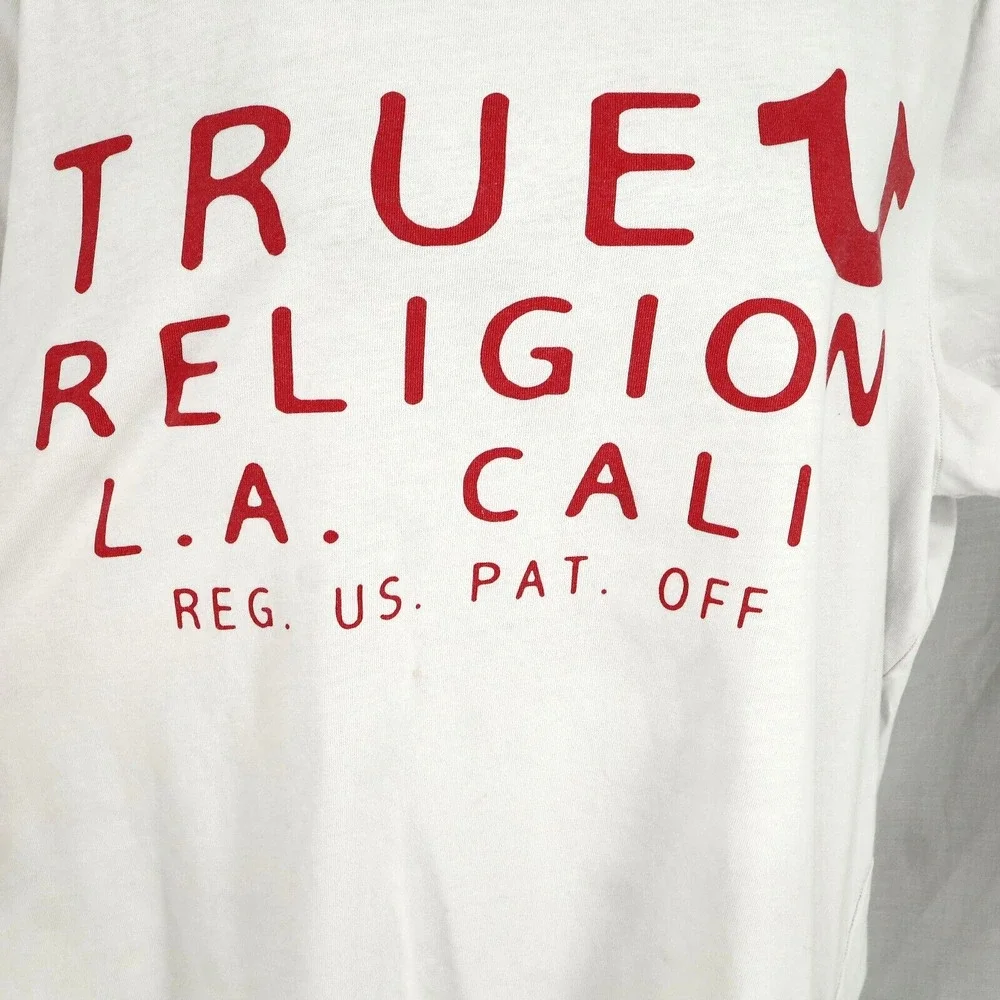 True Religion T-shirt Mens 3XL Big Tall White Red Spell Out Faded Small Stains